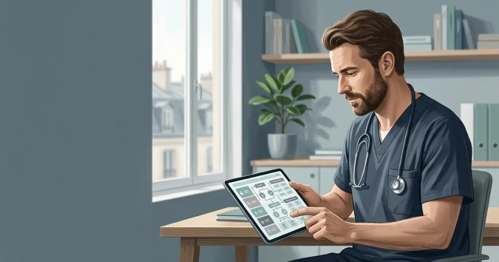 Médecin libéral consultant une grille comptable sur tablette