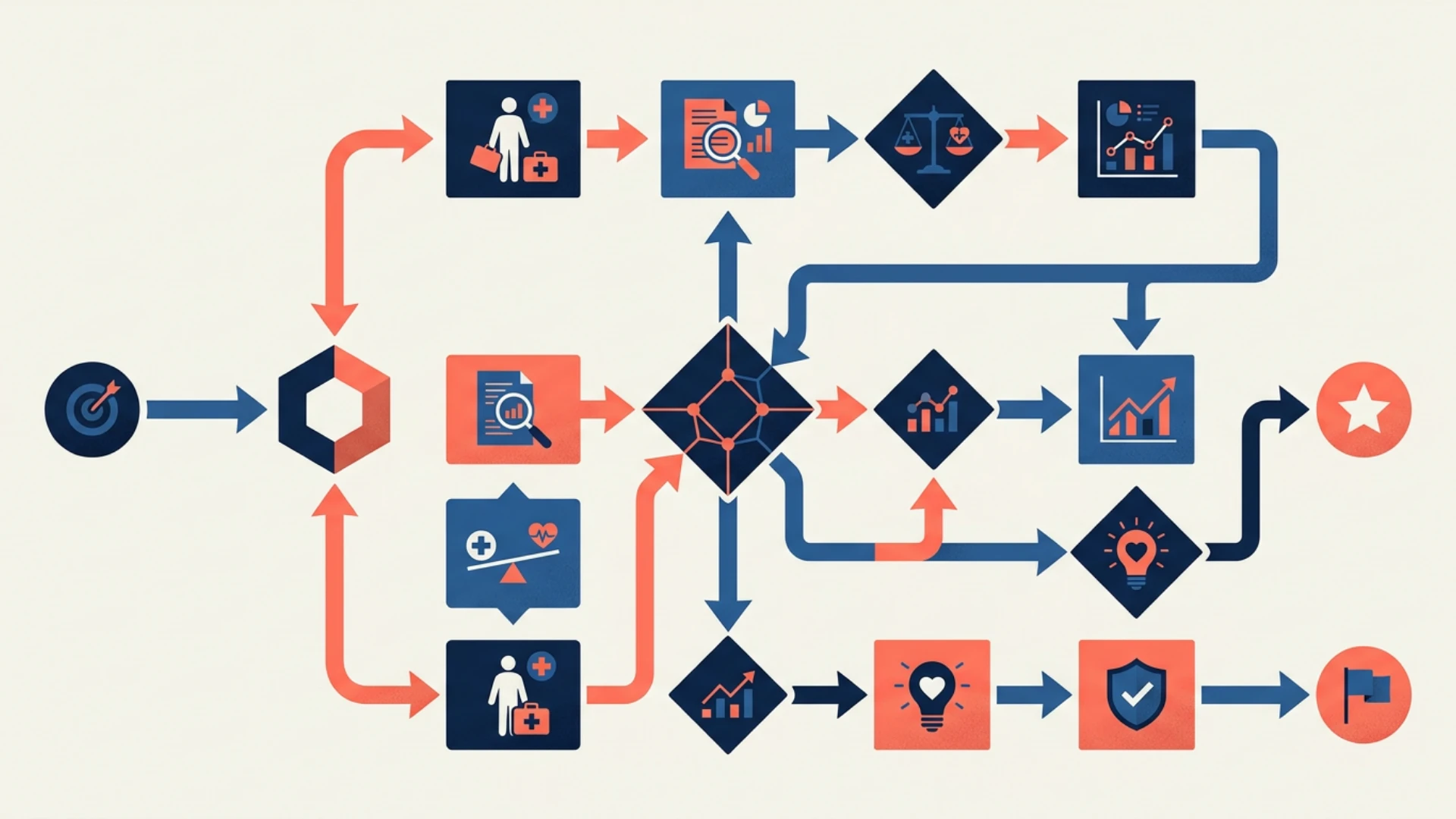 Parcours abstrait reliant activité de santé, analyse, choix et protection