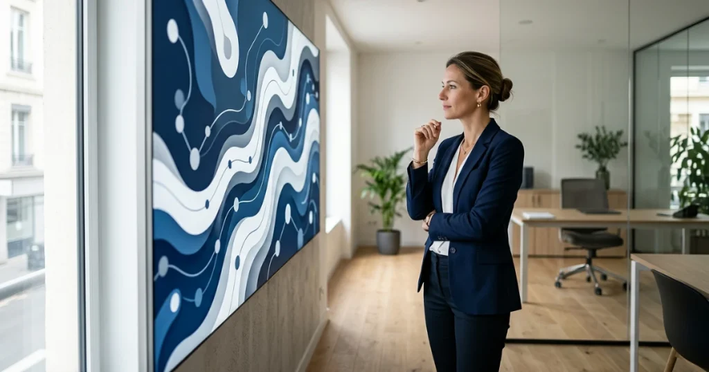 Professionnelle libérale française devant un tableau de flux de factures numériques