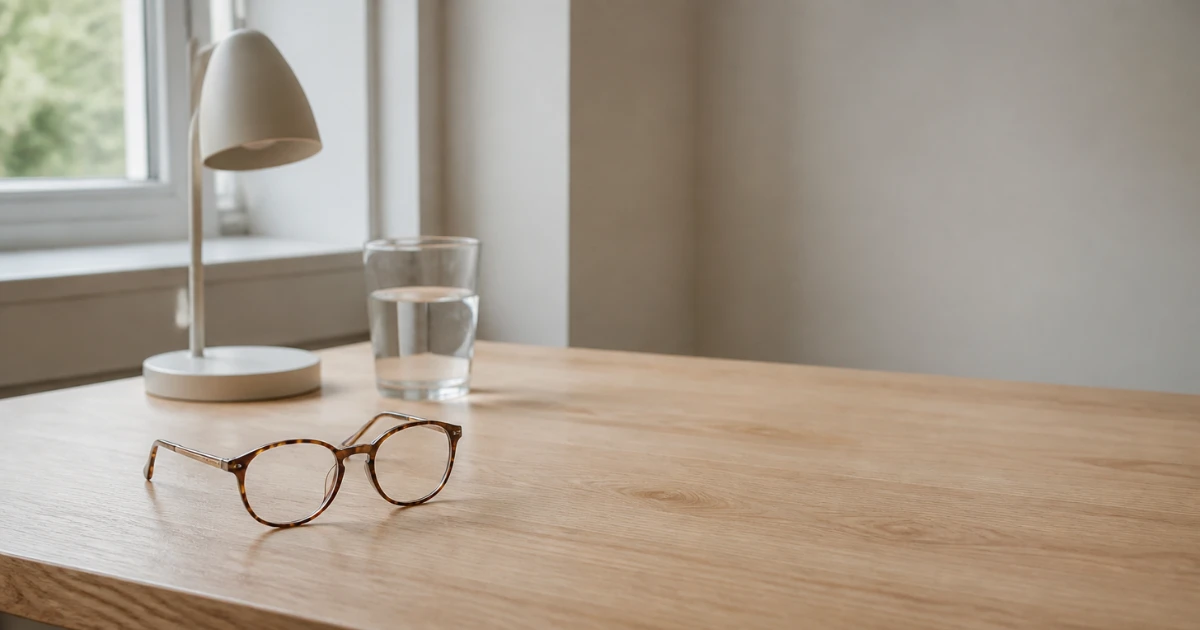 Lunettes de lecture à monture écaille posées branches ouvertes sur une table en chêne clair, près d'une fenêtre, avec une lampe blanche éteinte et un verre d'eau.