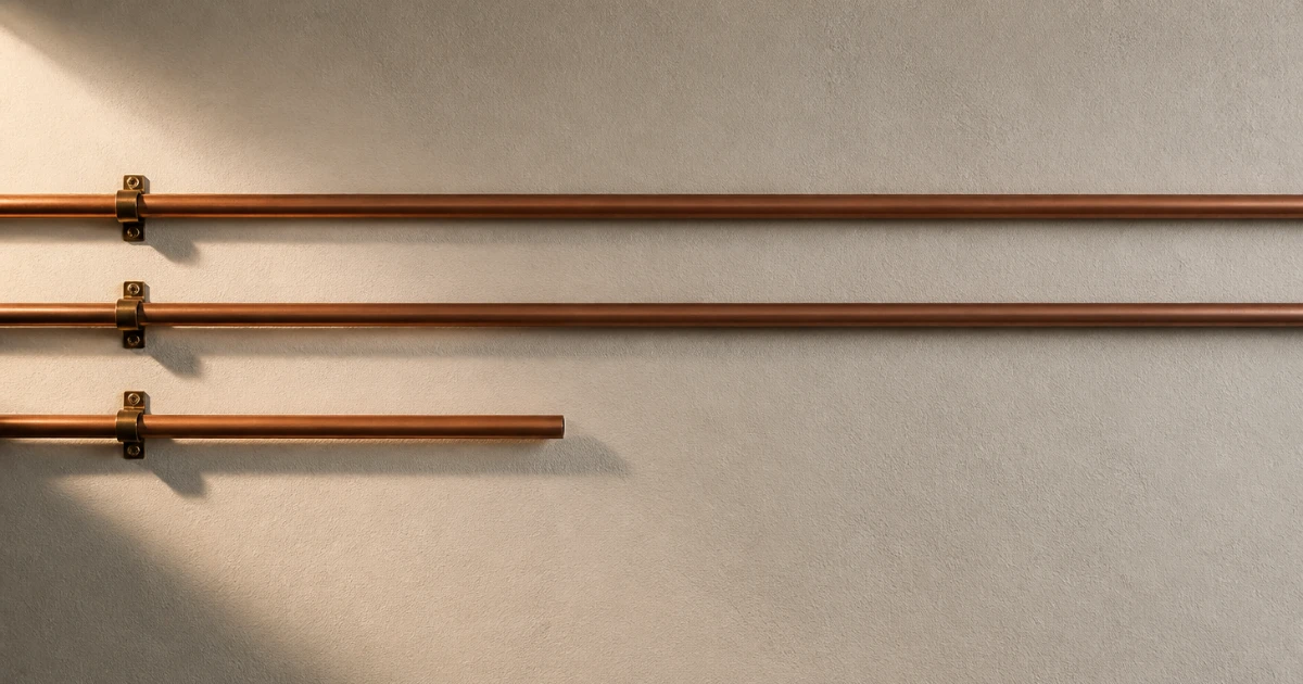 Trois tubes de cuivre fixés en parallèle sur un mur clair, dont deux traversent tout le cadre et le troisième s'interrompt net au milieu.