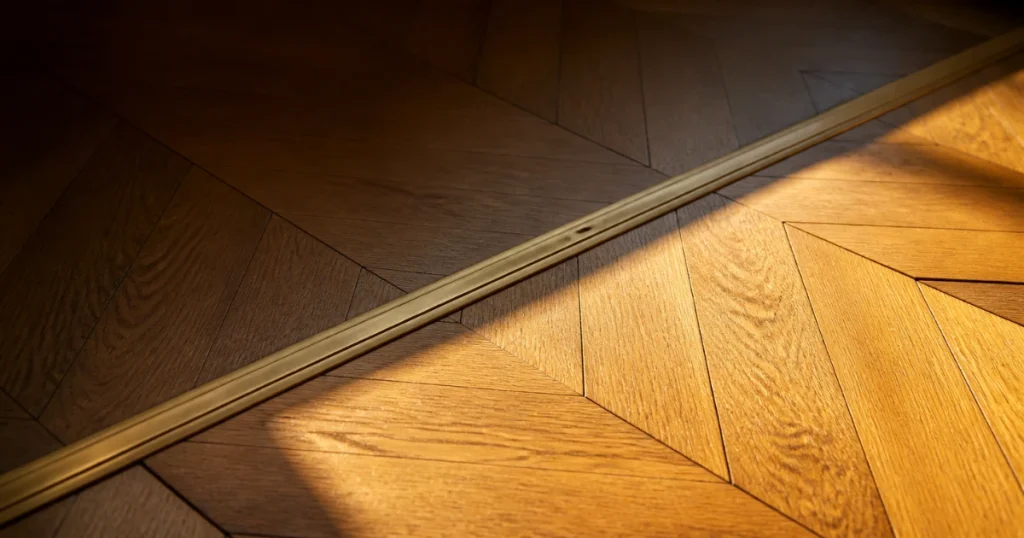 Baguette de seuil en laiton traversant en diagonale deux parquets en point de Hongrie, l'un dans l'ombre, l'autre éclairé par un rai de lumière.