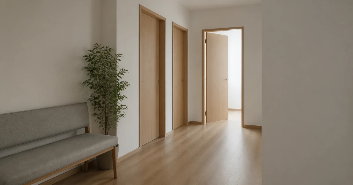Couloir clair d'un cabinet de groupe, avec une banquette grise, une plante verte en pot et trois portes en bois clair dont la dernière est ouverte sur une pièce lumineuse.