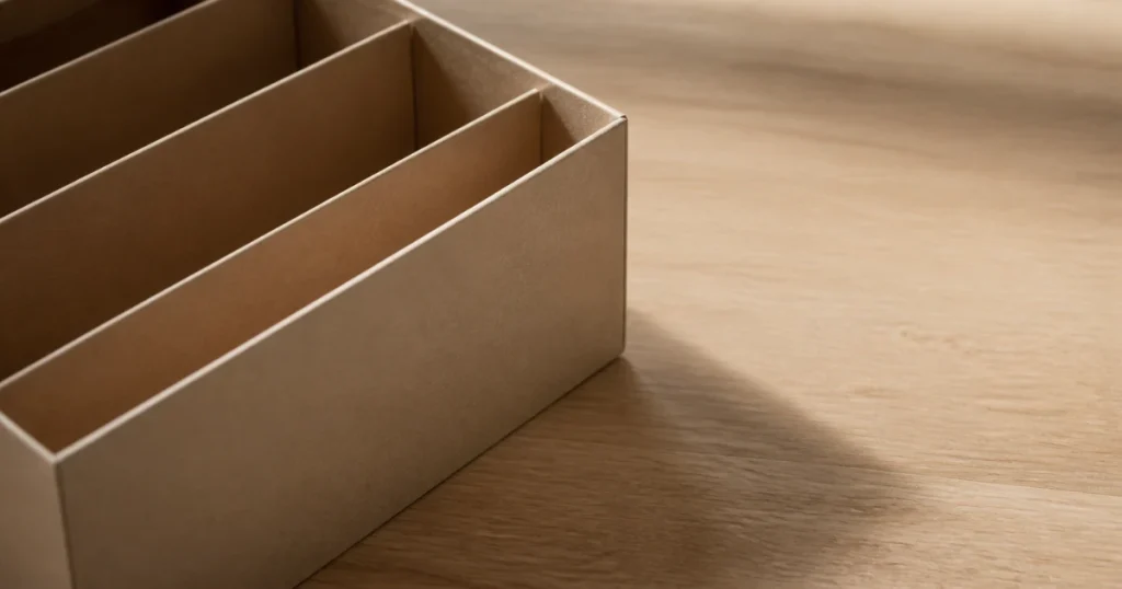 Boîte d'archives en carton beige ouverte et vide, compartimentée par des séparateurs, posée sur un plan de travail en bois clair.