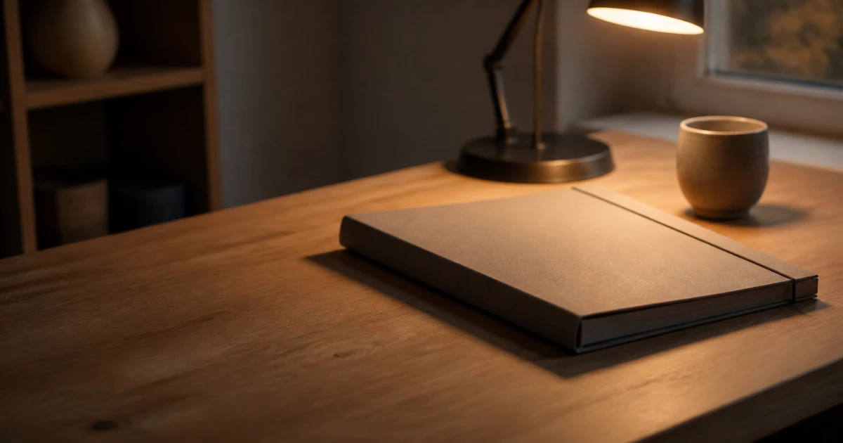 Chemise cartonnée fermée à élastique posée sur un bureau en bois, éclairée par une lampe allumée, avec une tasse en céramique et une étagère dans la pénombre.