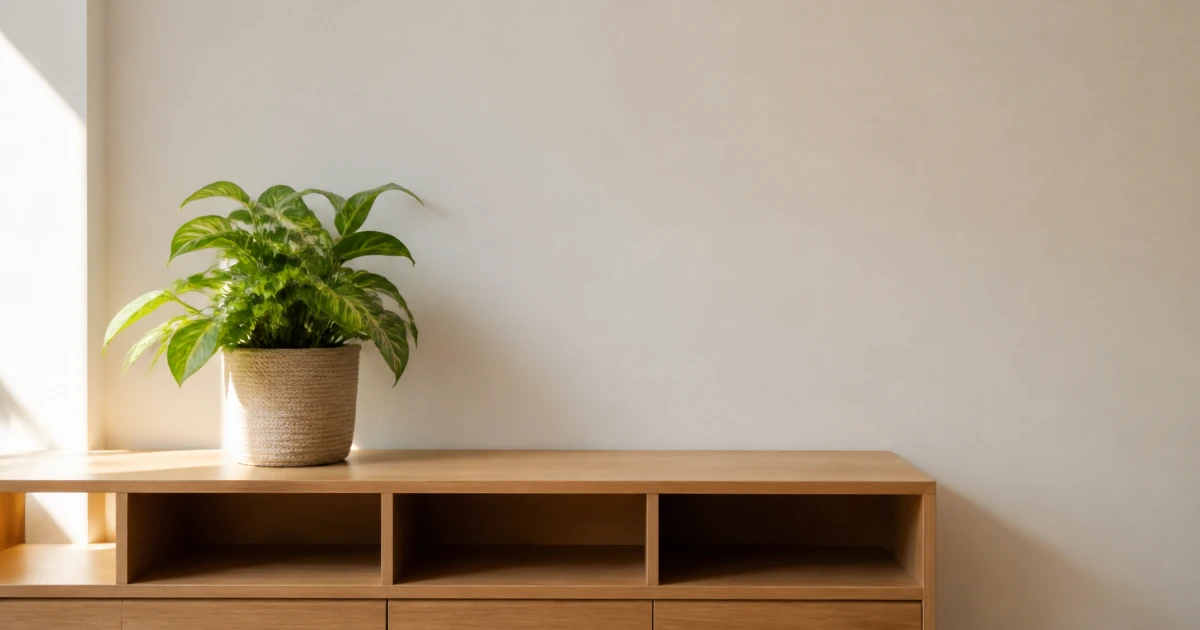 Meuble bas en bois clair à niches ouvertes, surmonté d'une plante verte dans un cache-pot tressé, devant un mur clair largement dégagé.