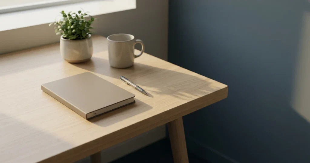Coin de bureau en bois clair pres d'une fenetre : un carnet ferme, un stylo, une tasse en ceramique et une petite plante verte.