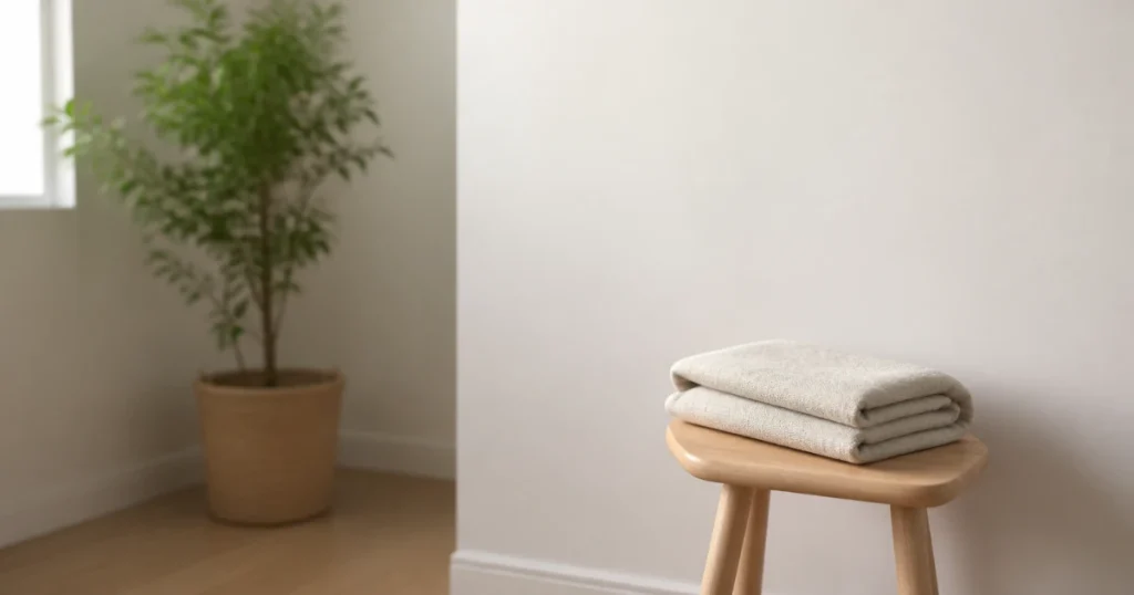 Coin d'un cabinet paramedical vide : des serviettes pliees sur un tabouret en bois, une plante verte et un mur clair eclaire par une fenetre.