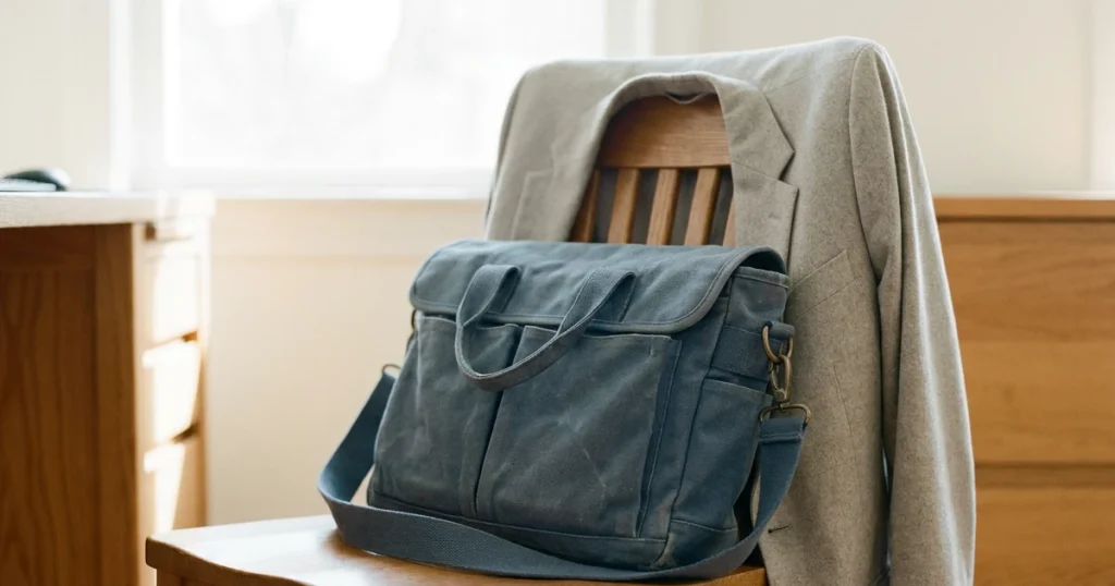 Sacoche de travail en toile posee sur une chaise en bois, une veste legere sur le dossier, dans un bureau clair eclaire par une fenetre.