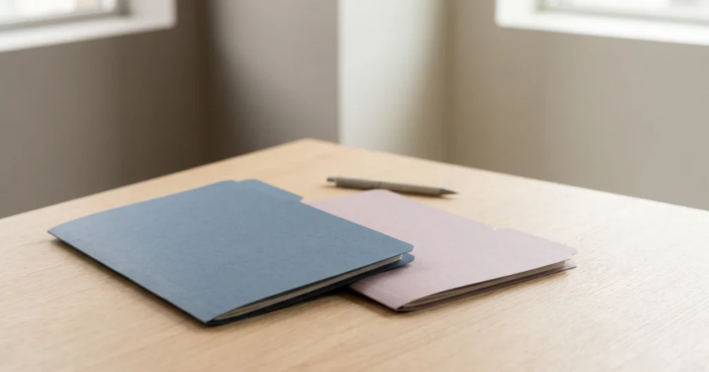 Deux chemises cartonnees de couleurs differentes, fermees et vierges, posees cote a cote sur un bureau en bois clair, un stylo entre les deux.