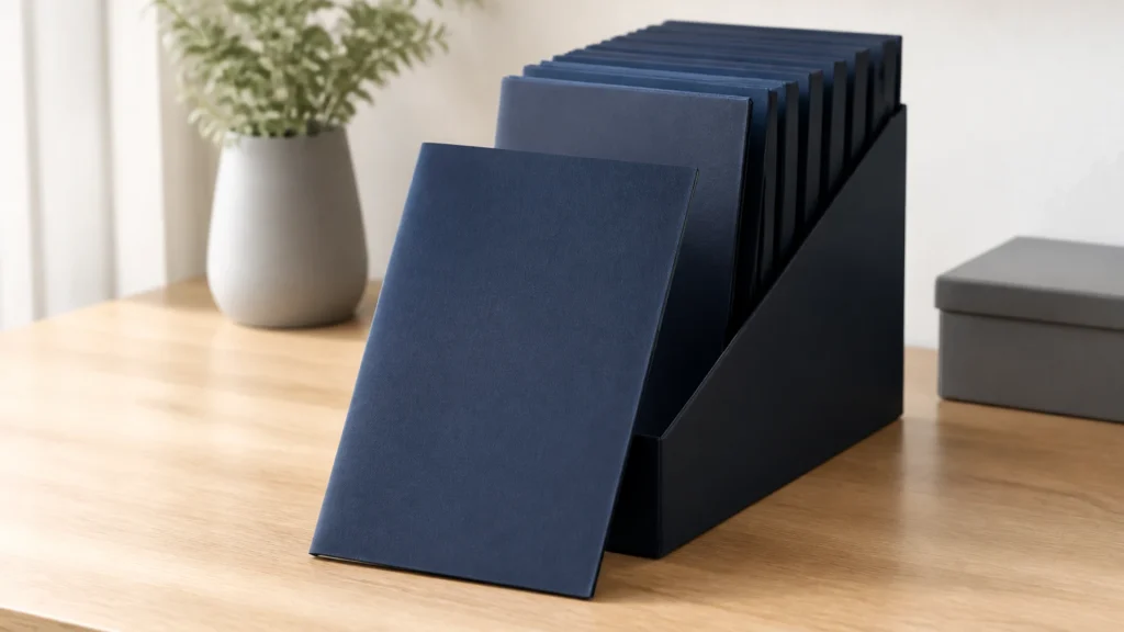 Sur un bureau en bois clair, un bac de rangement noir contenant six pochettes cartonnées bleu ardoise identiques, dont l'une est tirée en avant et inclinée, nettement détachée des autres.