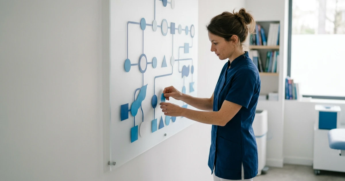 Professionnelle de santé française triant plusieurs types de recettes sur un schéma visuel abstrait